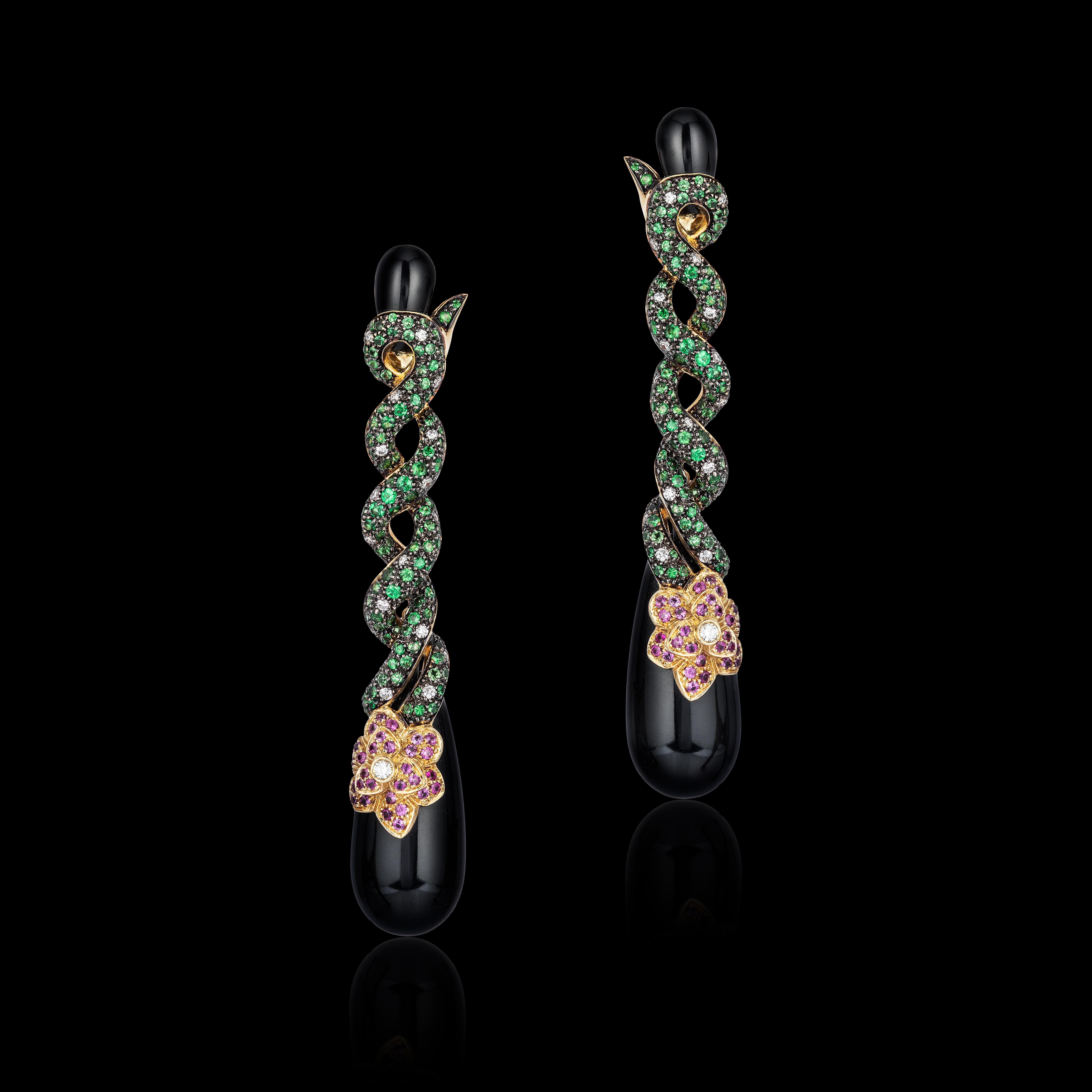 Andreoli Onyx Snake Diamond Tsavorite Pink Sapphire Drop Earrings 18 Karat Gold For Sale 1