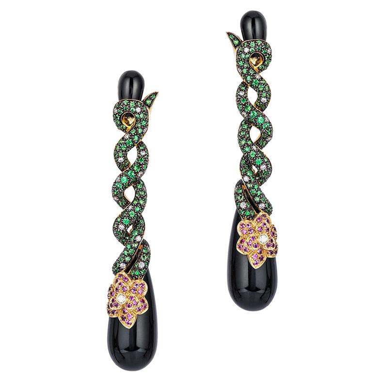 Andreoli Onyx Snake Diamond Tsavorite Pink Sapphire Drop Earrings 18 Karat Gold For Sale