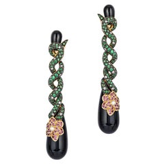 Andreoli Onyx Snake Diamond Tsavorite Pink Sapphire Drop Earrings 18 Karat Gold