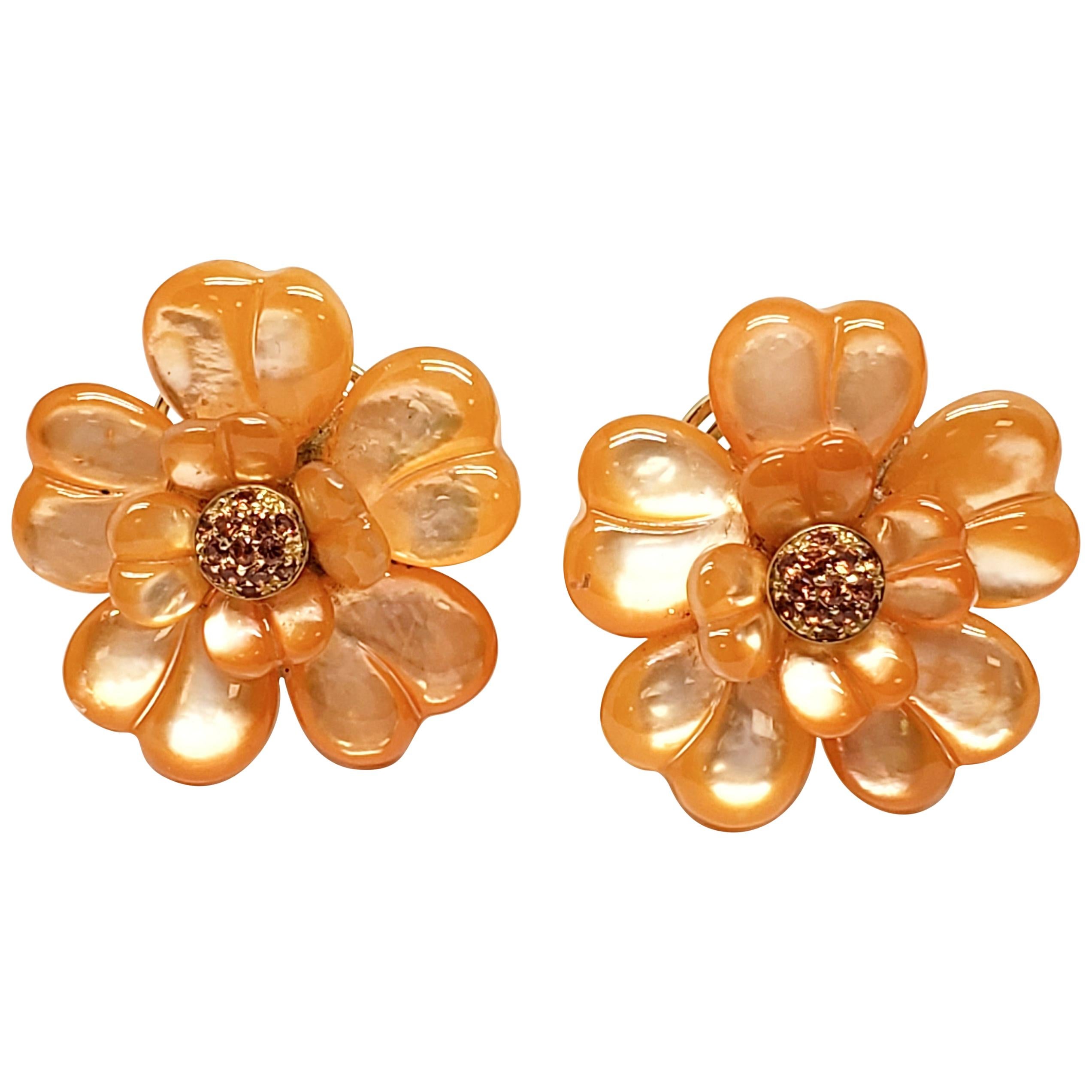 Andreoli Orange Dyed Mother of Pearl Orange Sapphire Cocktail Earrings Clip-On