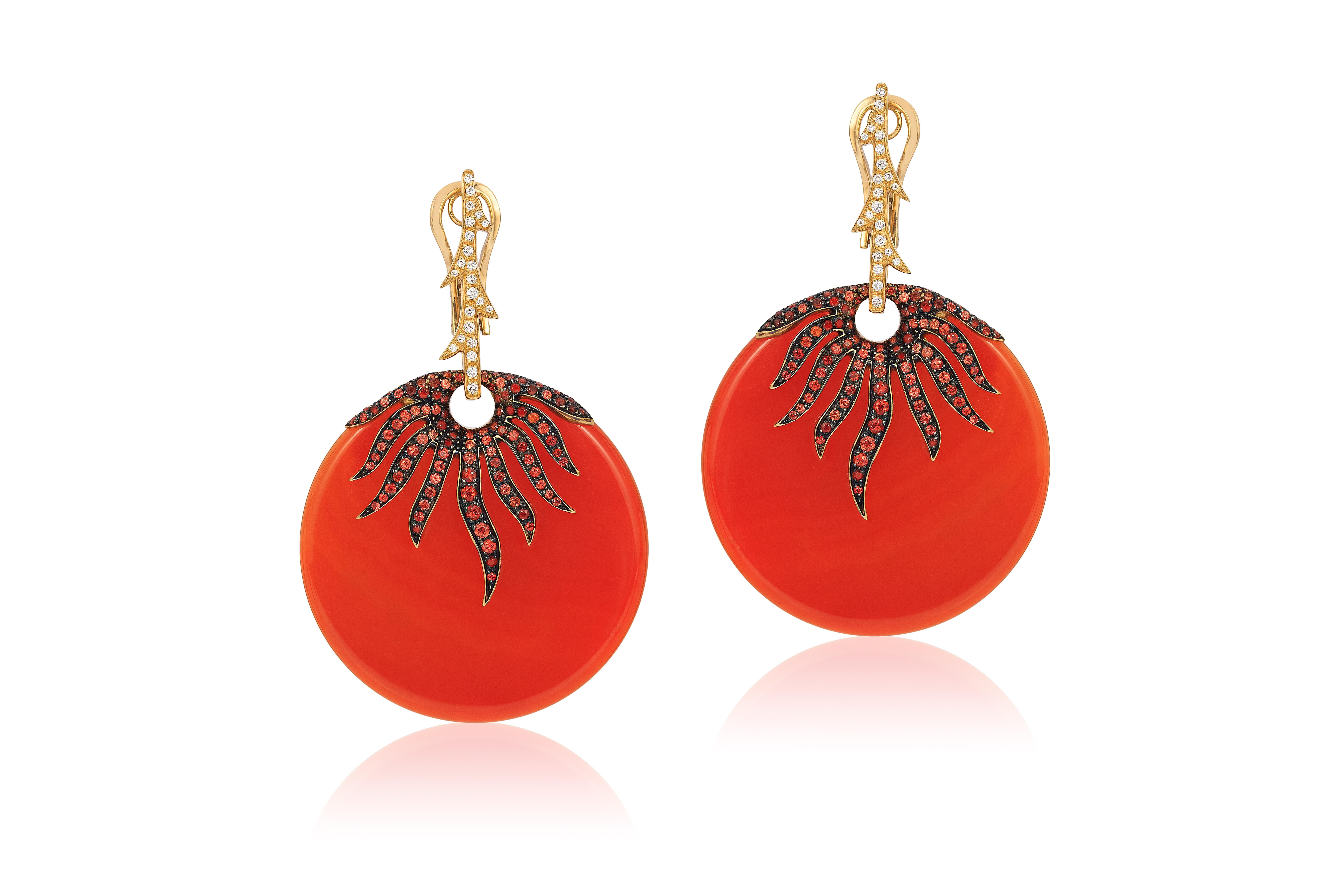 Andreoli Orange Sapphire Carnelian Diamond Earrings 18 Karat Rose Gold. These earrings feature two round carnelian stones with 3.46 carats of round brilliant orange sapphires with blackened oxidized rhodium to create an impact. 0.47 carats of F-G-H