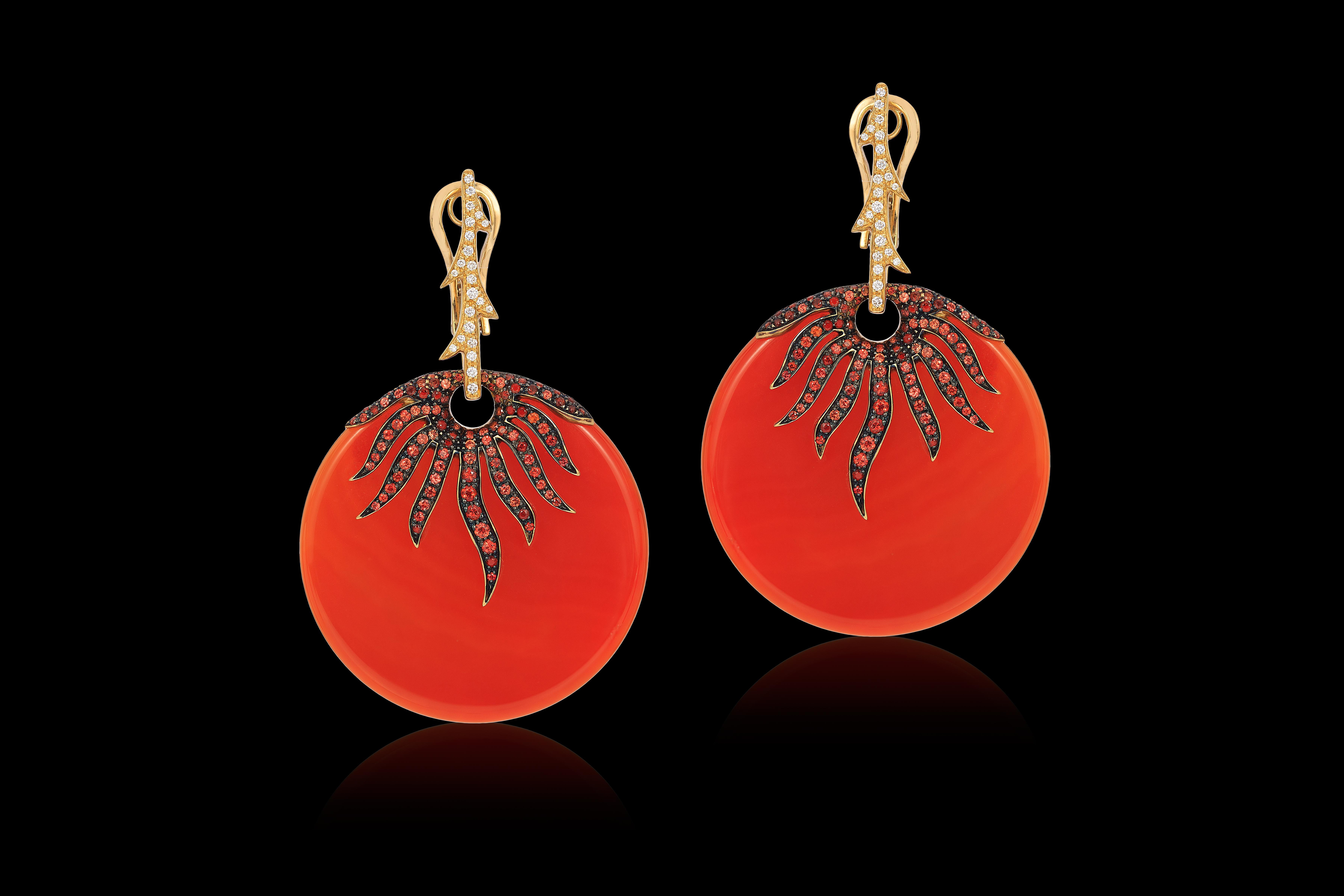 Contemporary Andreoli Orange Sapphire Carnelian Diamond Dangle Earrings 18 Karat Rose Gold For Sale