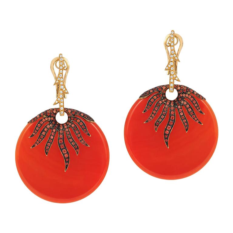 Andreoli Orange Sapphire Carnelian Diamond Dangle Earrings 18 Karat Rose Gold