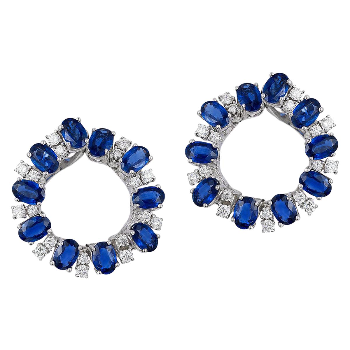 Andreoli Oval Blue Sapphire Diamond Hoop Earrings 18 Karat White Gold