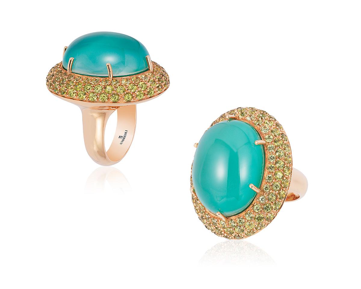 Contemporary Andreoli Peridot Crystal Dome 18 Karat Rose Gold Cocktail Ring For Sale