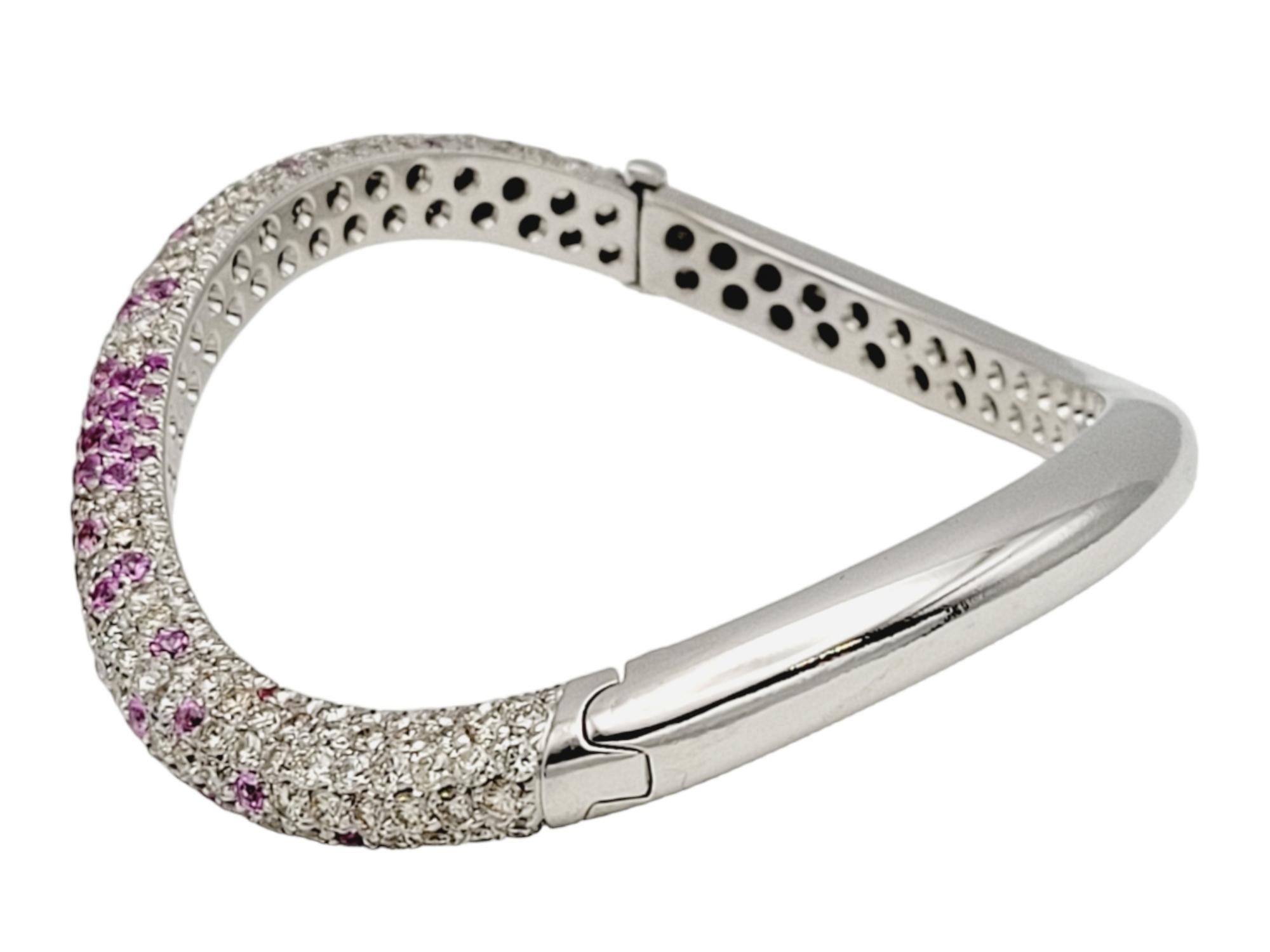Round Cut Andreoli Pink Sapphire and Pave Diamond Wave Bangle Bracelet 18 Karat Gold For Sale