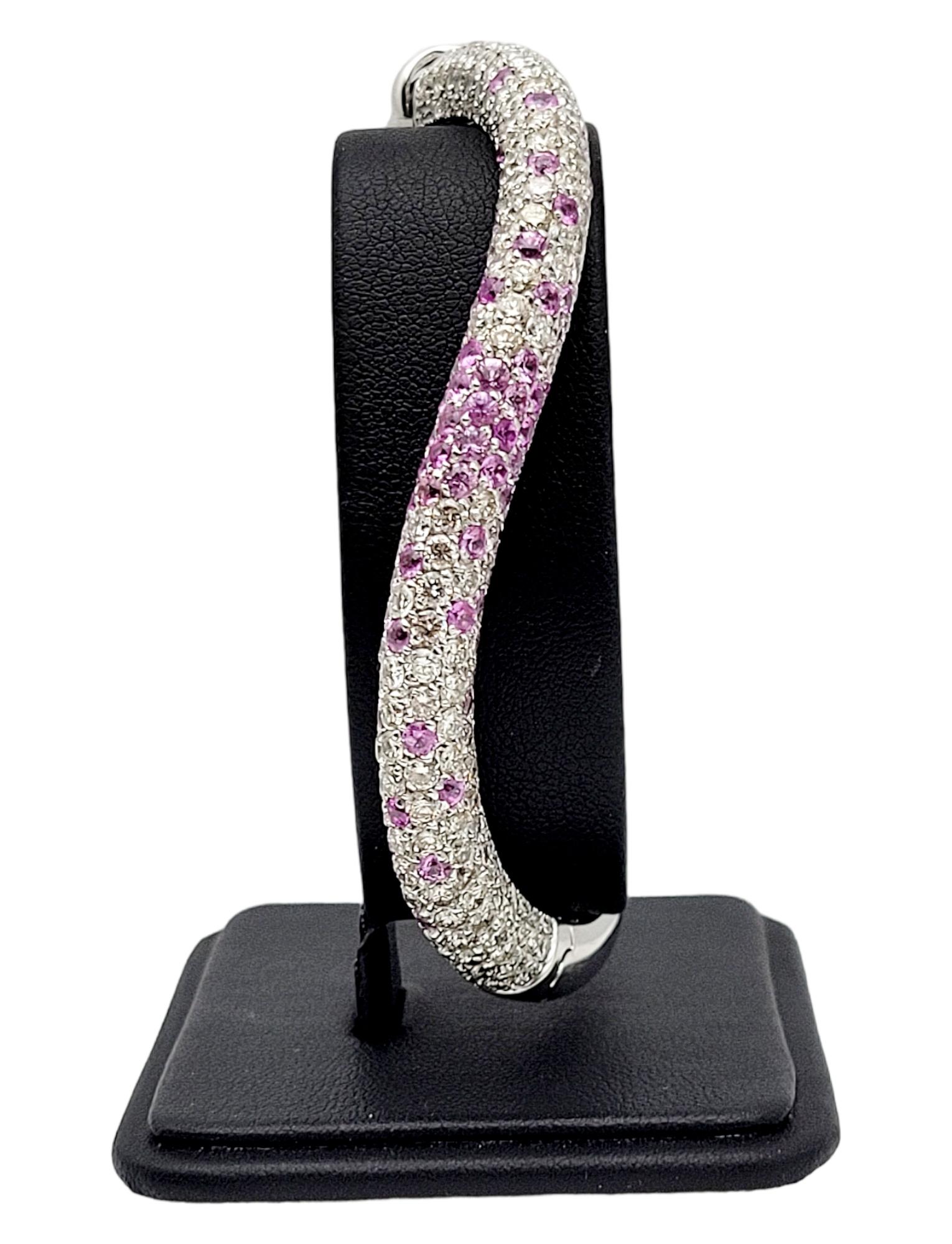 Women's Andreoli Pink Sapphire and Pave Diamond Wave Bangle Bracelet 18 Karat Gold For Sale