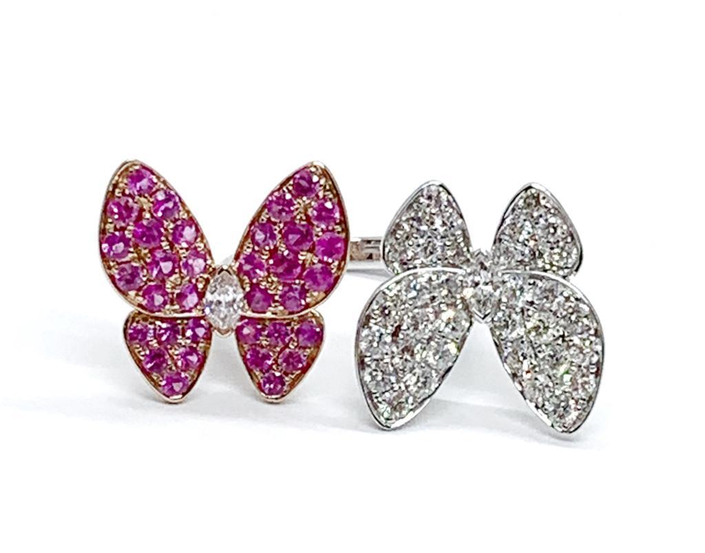 Andreoli Pink Sapphire Diamond 18 Karat White Gold Butterfly Ring

This ring features:
- 1.42 Carat Round Diamond
- 0.31 Carat Marquise Diamond
- 1.62 Carat Pink Sapphire
- 8.10 Gram 18K White Gold
- Made In Italy