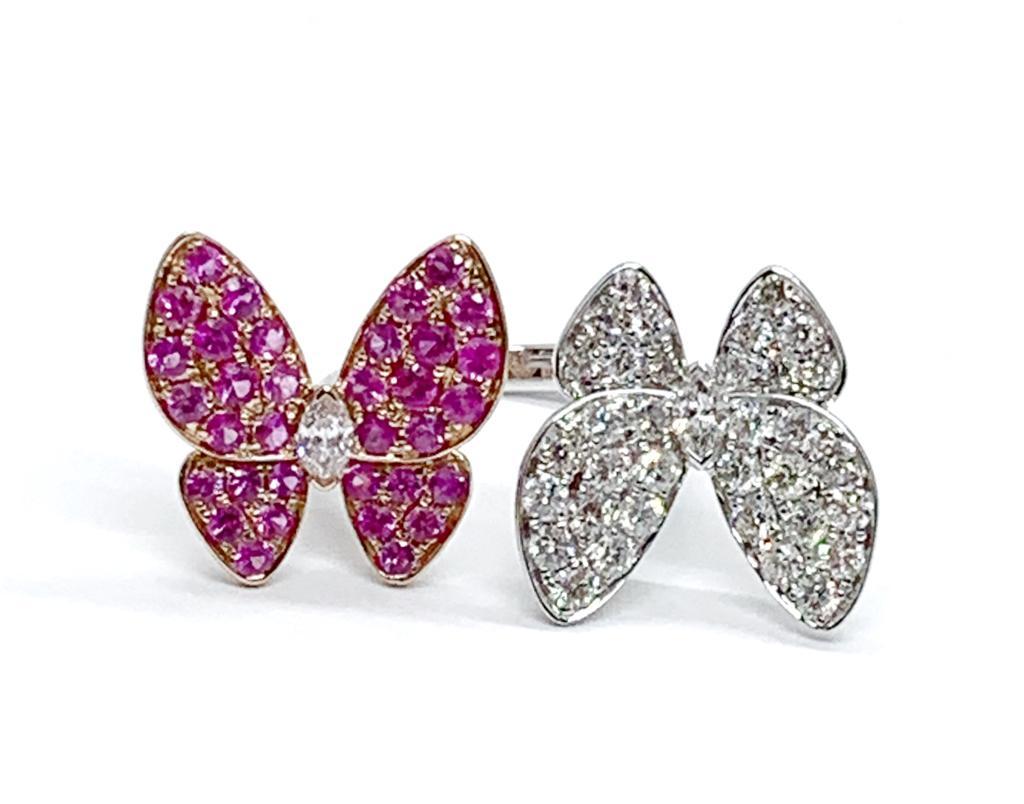 Contemporary Andreoli Pink Sapphire Diamond 18 Karat White Gold Butterfly Ring