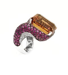 Andreoli Pink Sapphire Diamond Emerald Cut Citrine Cocktail Ring 18 Karat Gold