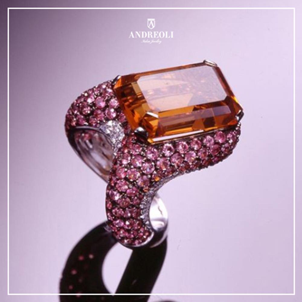 Andreoli Rosa Saphir Diamant Smaragdschliff Citrin Cocktail-Ring 18 Karat Gold im Angebot 1