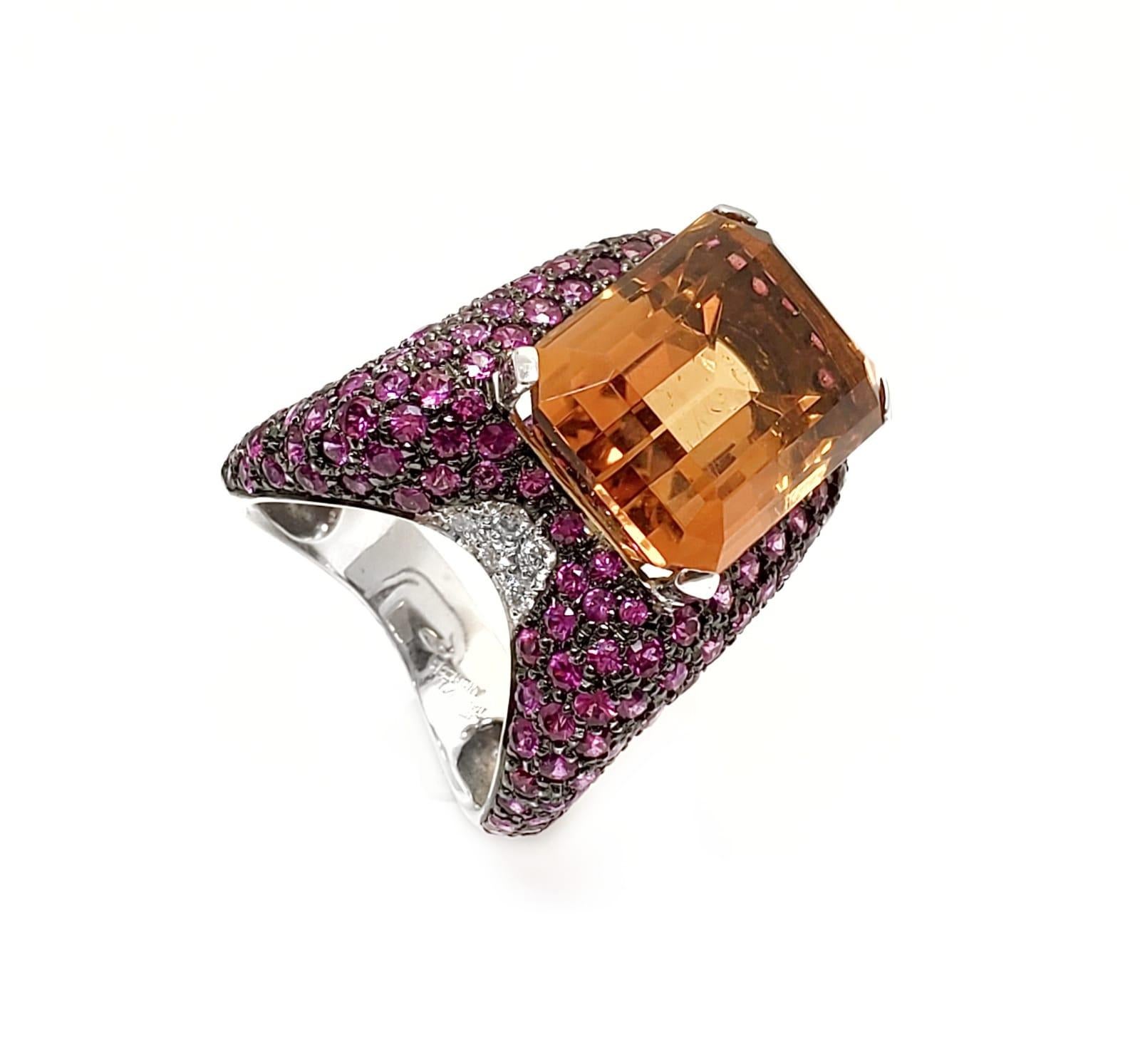 Contemporary Andreoli Pink Sapphire Diamond Emerald Cut Citrine Cocktail Ring 18 Karat Gold For Sale