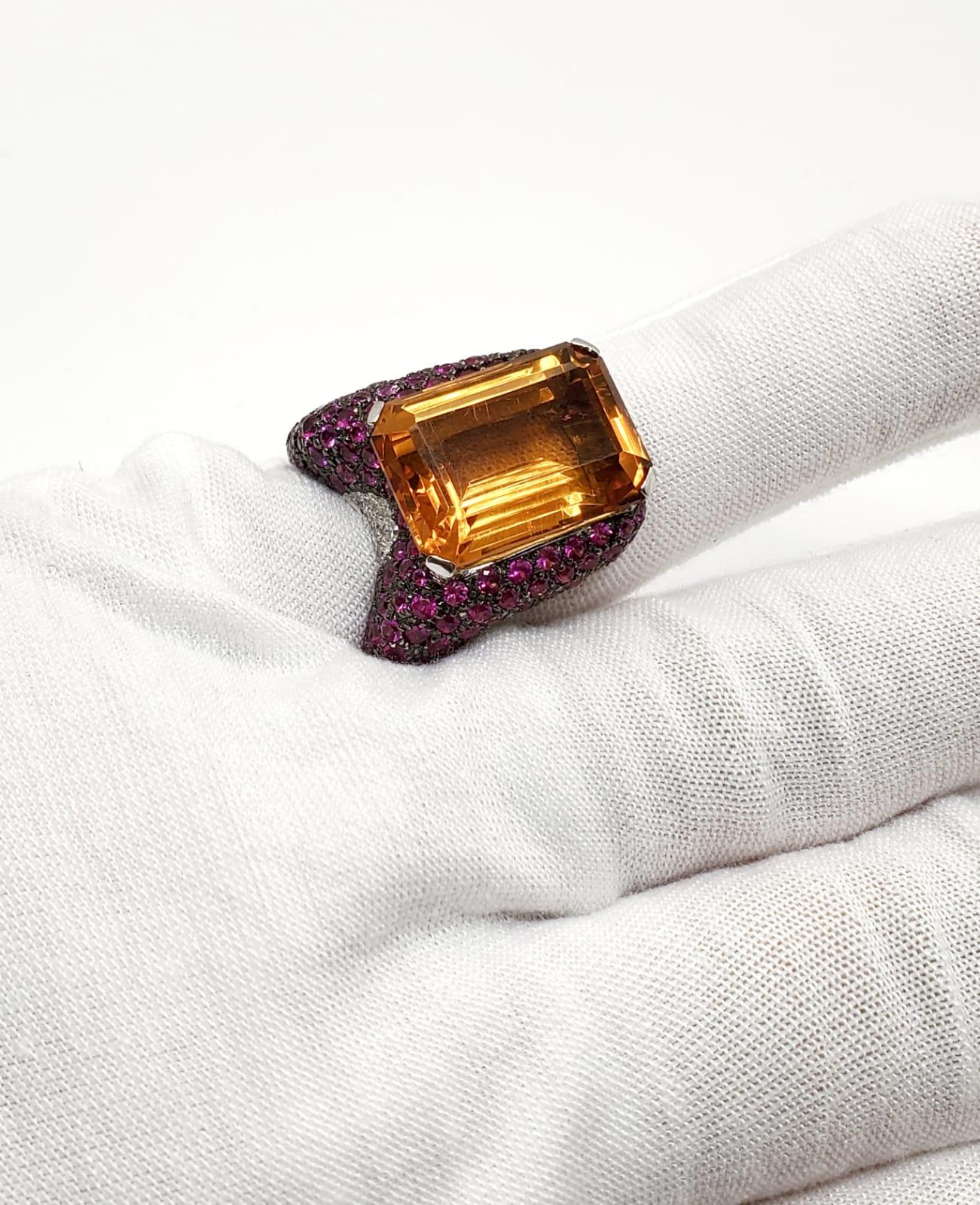Andreoli Pink Sapphire Diamond Emerald Cut Citrine Cocktail Ring 18 Karat Gold In New Condition For Sale In New York, NY