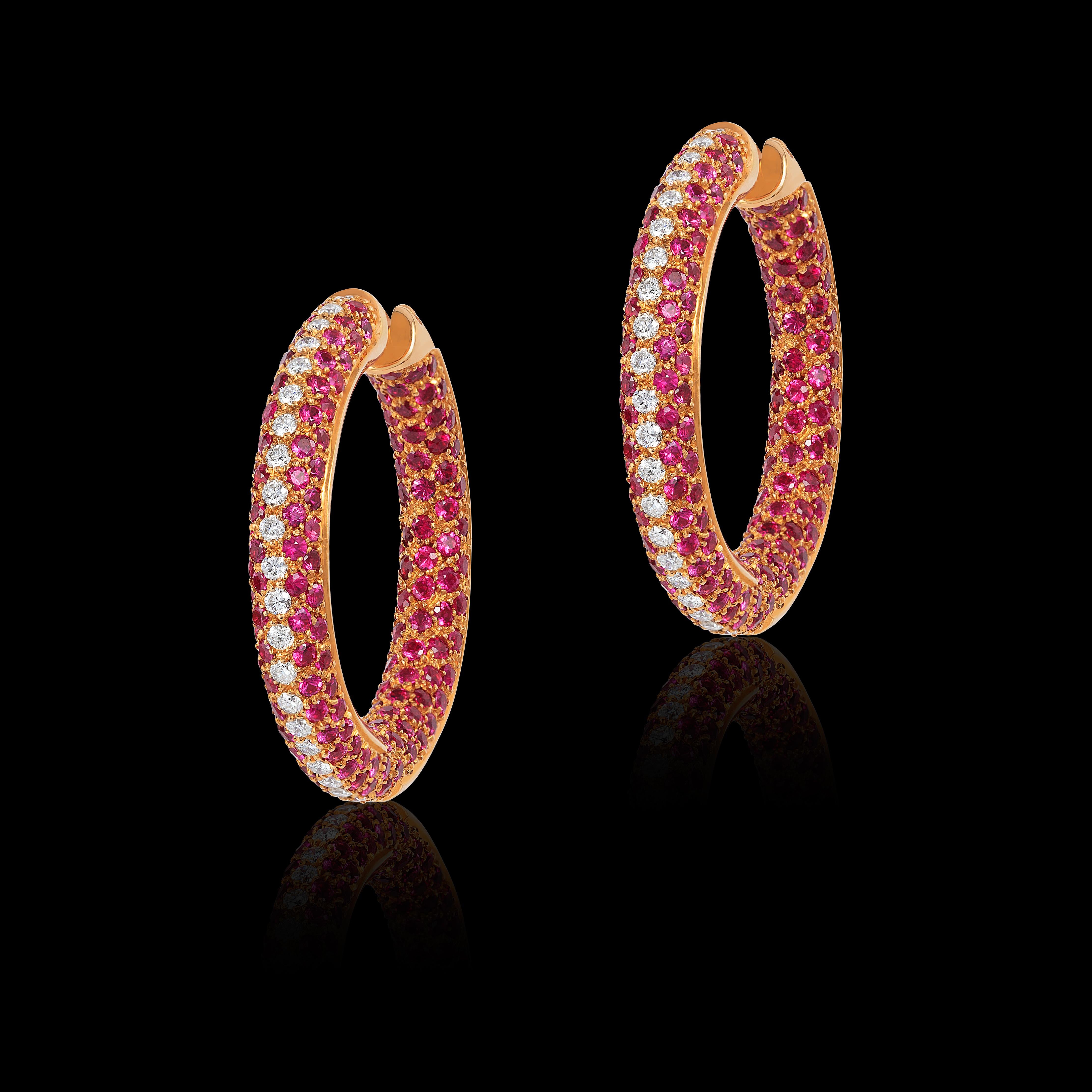 Contemporary Andreoli Pink Sapphire Diamond Pave 18 Karat Rose Gold Hoop Earrings