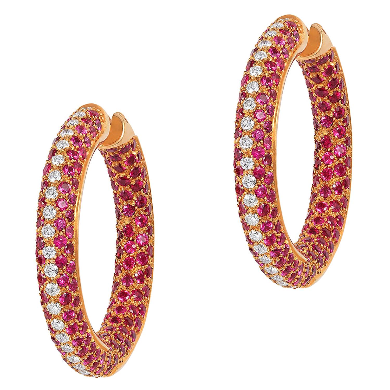 Andreoli Pink Sapphire Diamond Pave 18 Karat Rose Gold Hoop Earrings