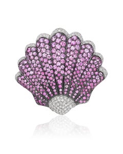 Andreoli Pink Sapphire Diamond Seashell Brooch Pin 18 Karat White Gold
