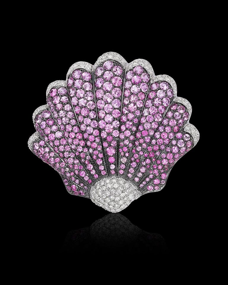 Contemporary Andreoli Pink Sapphire Diamond Seashell Brooch Pin 18 Karat White Gold For Sale