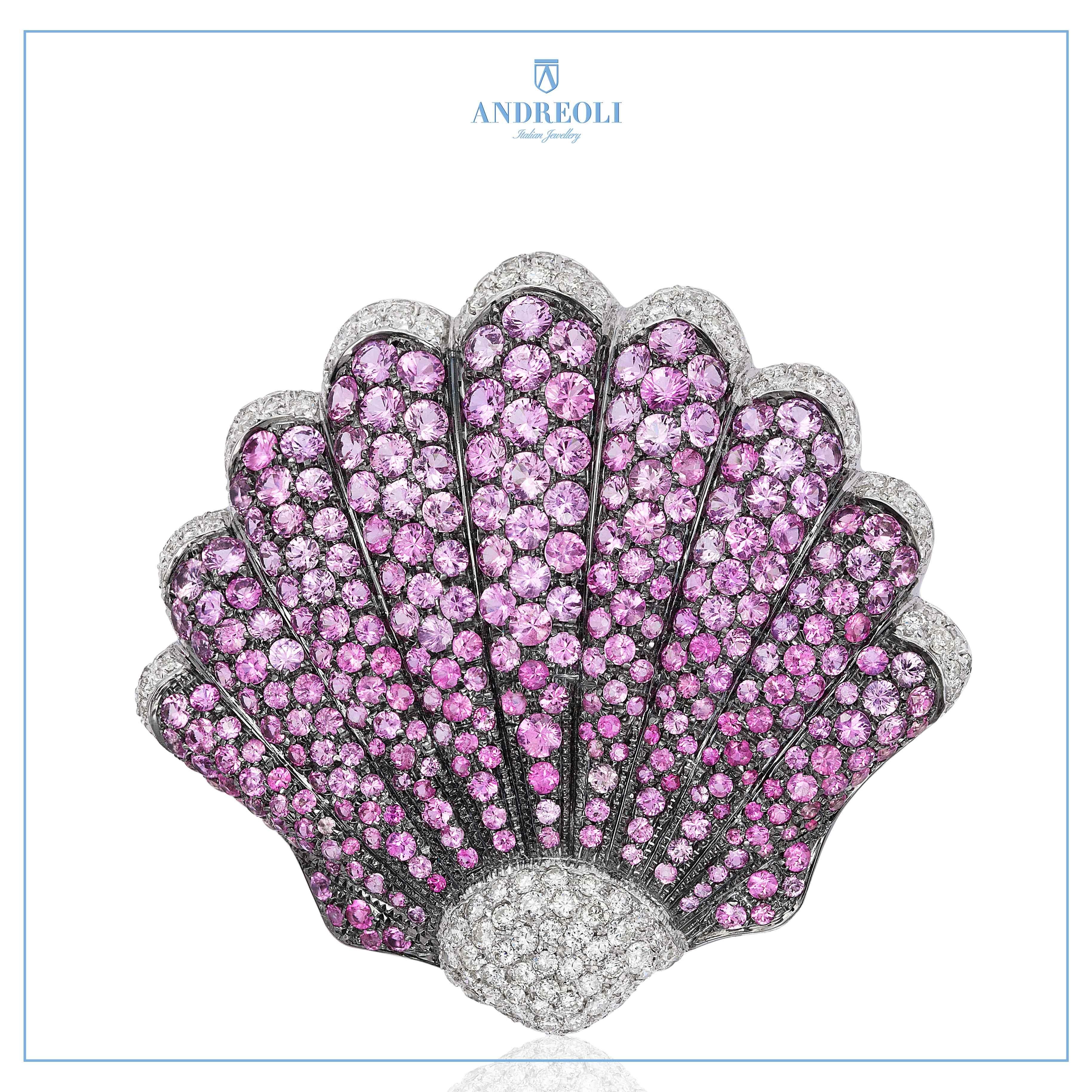 Contemporary Andreoli Pink Sapphire Diamond Seashell Brooch Pin 18 Karat White Gold For Sale