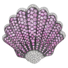 Andreoli Pink Sapphire Diamond Seashell Brooch Pin 18 Karat White Gold