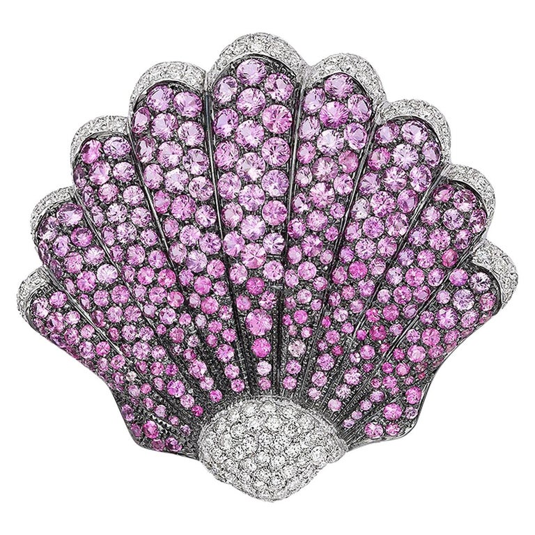 Andreoli Pink Sapphire Diamond Seashell Brooch Pin 18 Karat White Gold For Sale