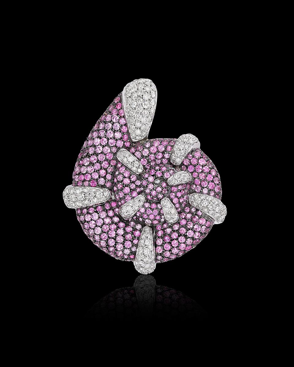 Contemporary Andreoli Pink Sapphire Diamond Seashell Seahorse Brooch Pin 18 Karat White Gold For Sale