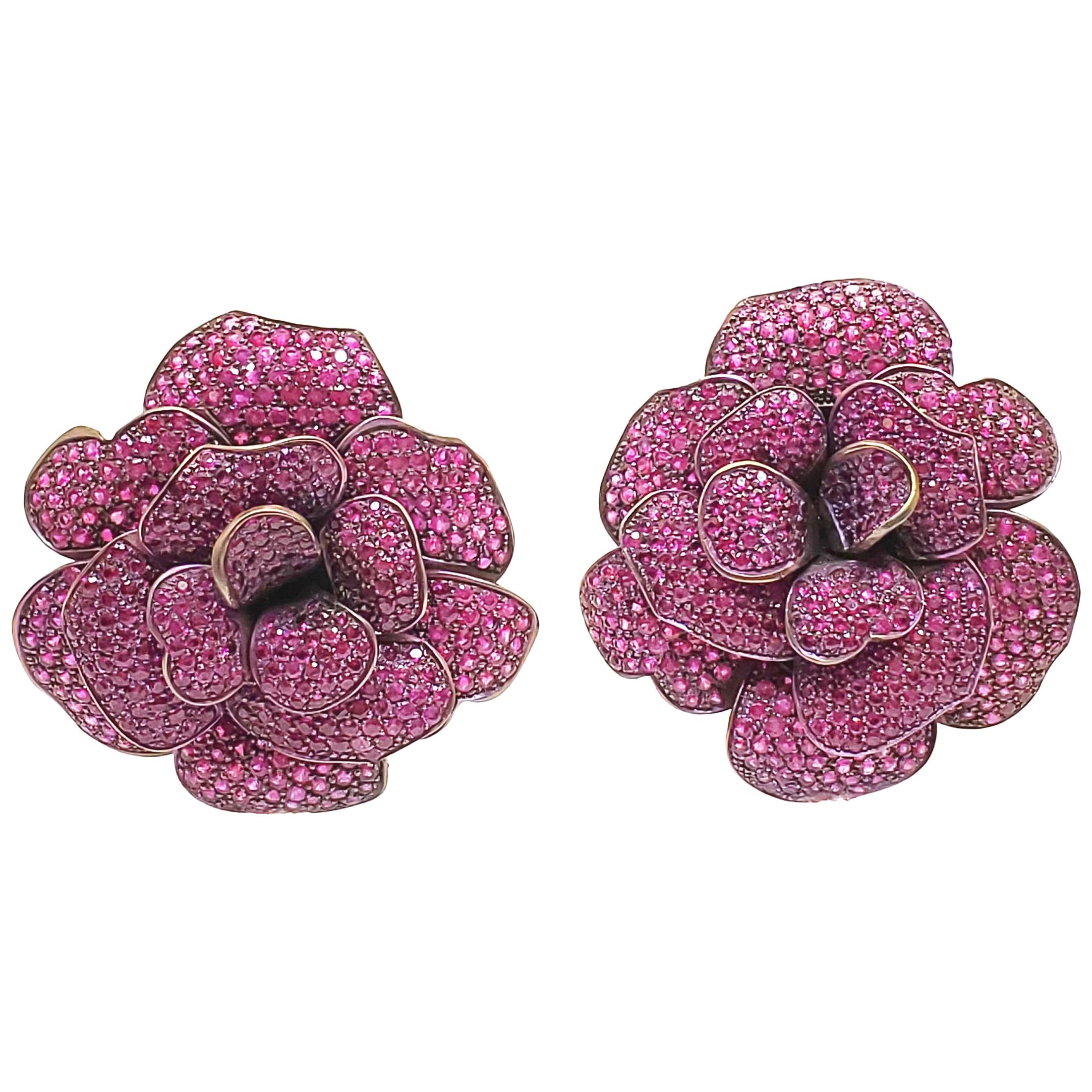 Andreoli Pink Sapphire Titanium Flower Clip-On Earrings