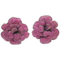 Andreoli Pink Sapphire Titanium Flower Clip-On Earrings