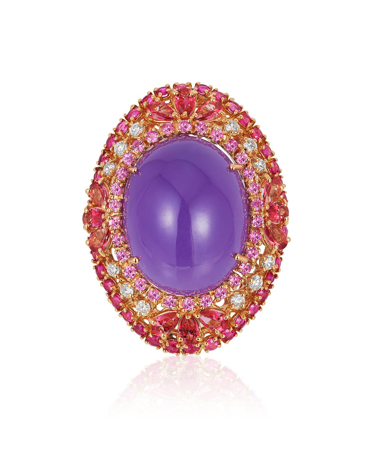 Andreoli Purple Jade Tourmaline Pink Sapphire Cocktail Dome Ring 18 Karat Rose Gold. This ring features 0.56 carats of brilliant ideal cut F-G-H Color, VS-SI Clarity Diamonds. 3.00 carats of round Pink sapphires. 2.20 carats of Tourmaline. 42.30