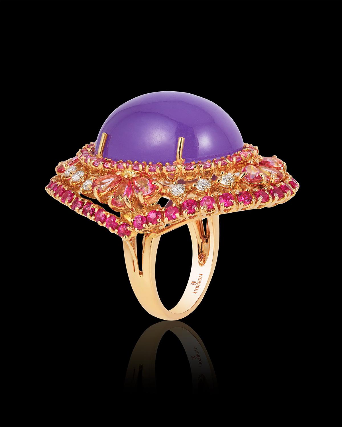 Contemporary Andreoli Purple Jade Tourmaline Pink Sapphire Cocktail Dome Ring 18 Karat Rose For Sale