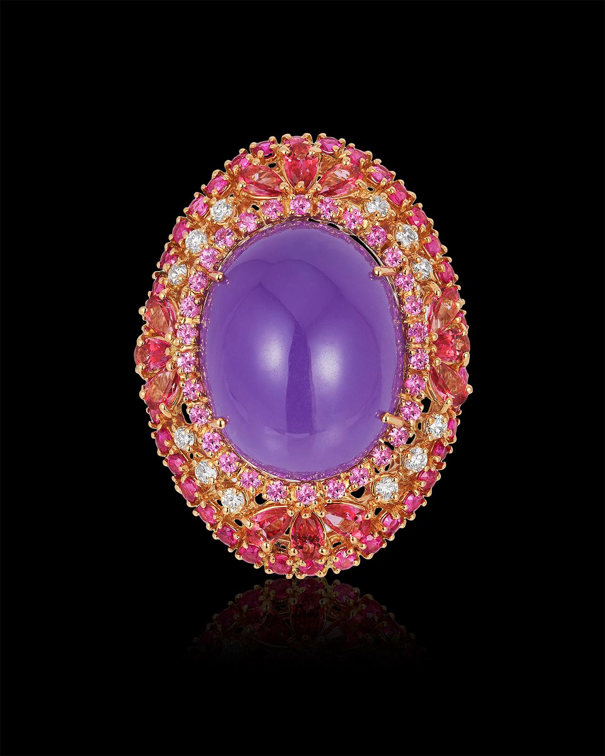 Cabochon Andreoli Purple Jade Tourmaline Pink Sapphire Cocktail Dome Ring 18 Karat Rose For Sale
