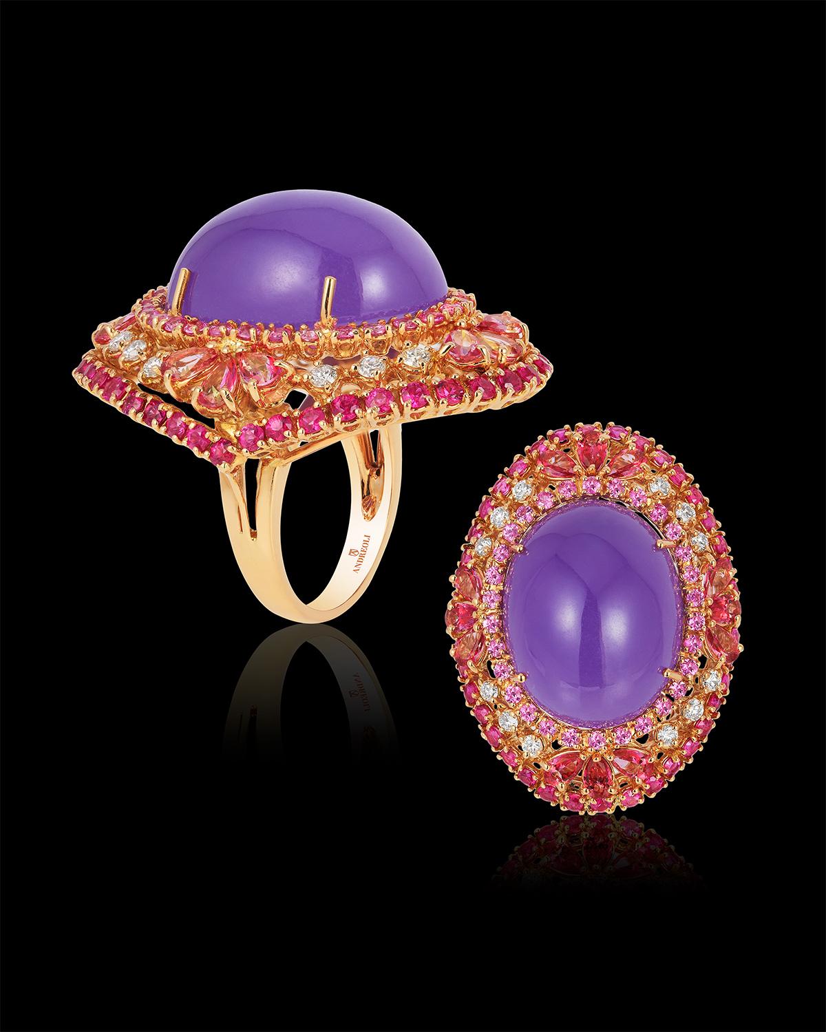 Cabochon Andreoli Purple Jade Tourmaline Pink Sapphire Cocktail Dome Ring 18 Karat Rose For Sale