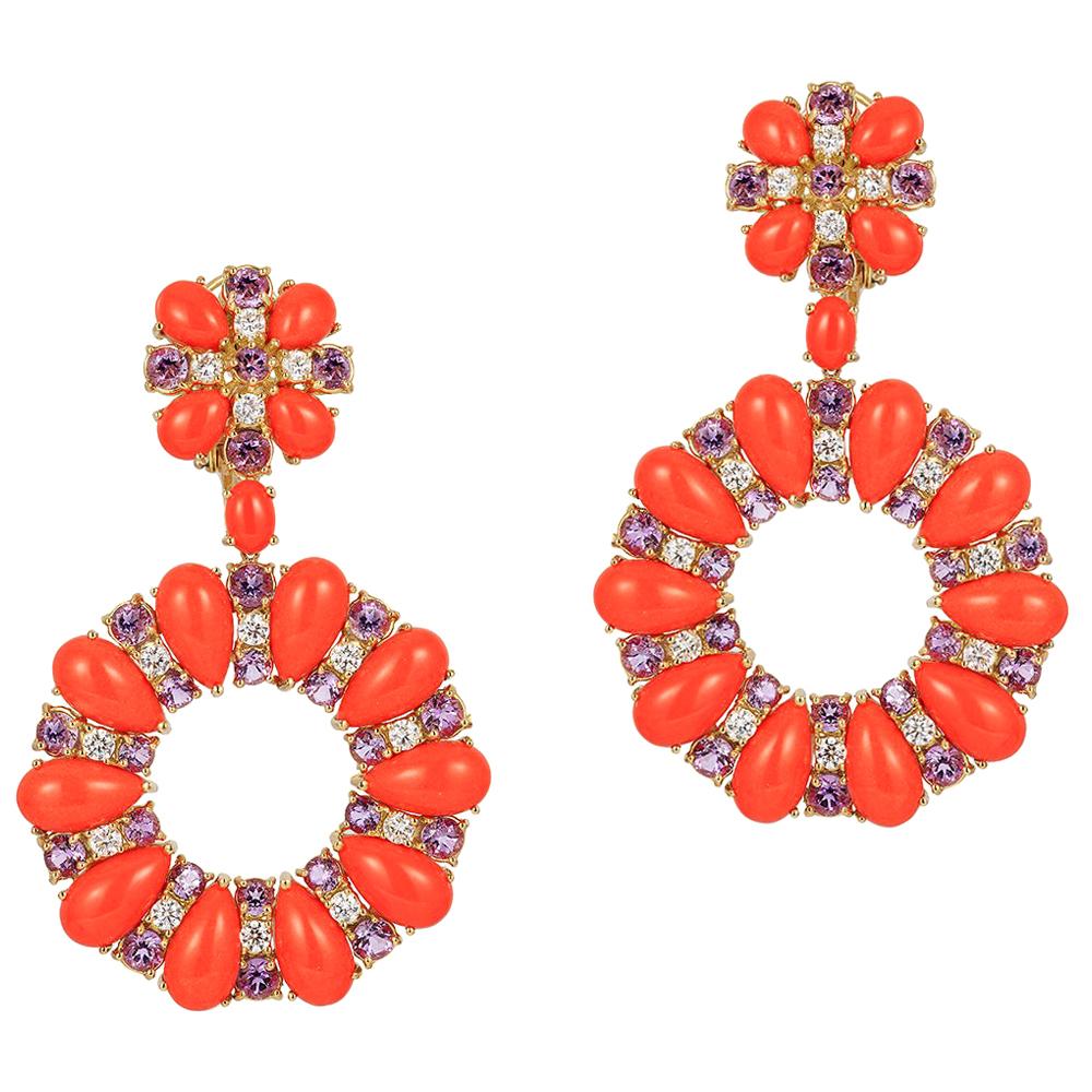 Andreoli Italian Coral Amethyst Diamond Earrings 18 Karat Yellow Gold