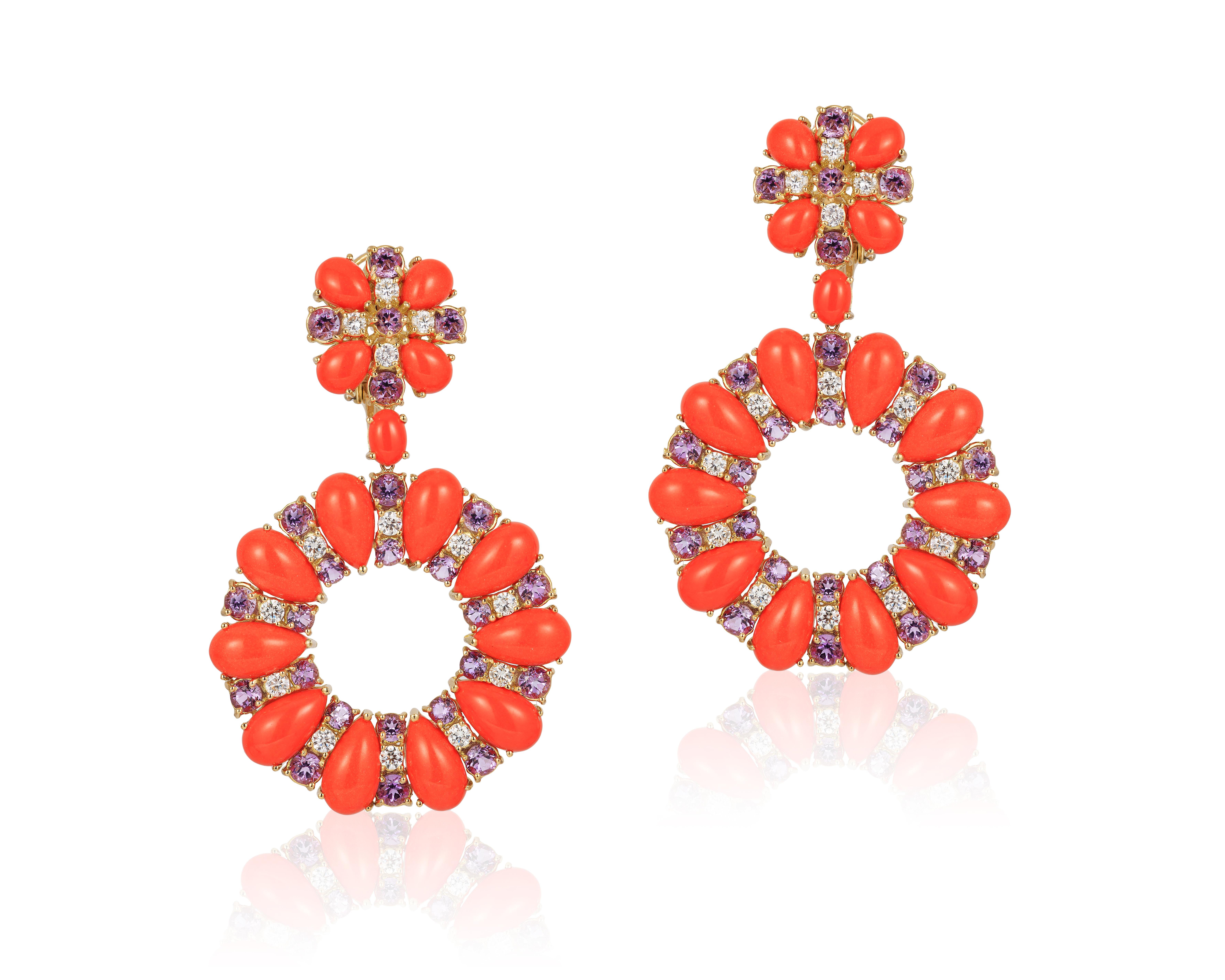 Andreoli Reconstitued Coral Amethyst Diamond Chandelier Earrings 18k White Gold

These earrings feature:

- 1.84 carat Diamond
- 6.89 carat Amethyst
- 7.50 grams Reconstituted Italian Coral
- 30.40 grams 18 karat yellow gold
- Made in Italy