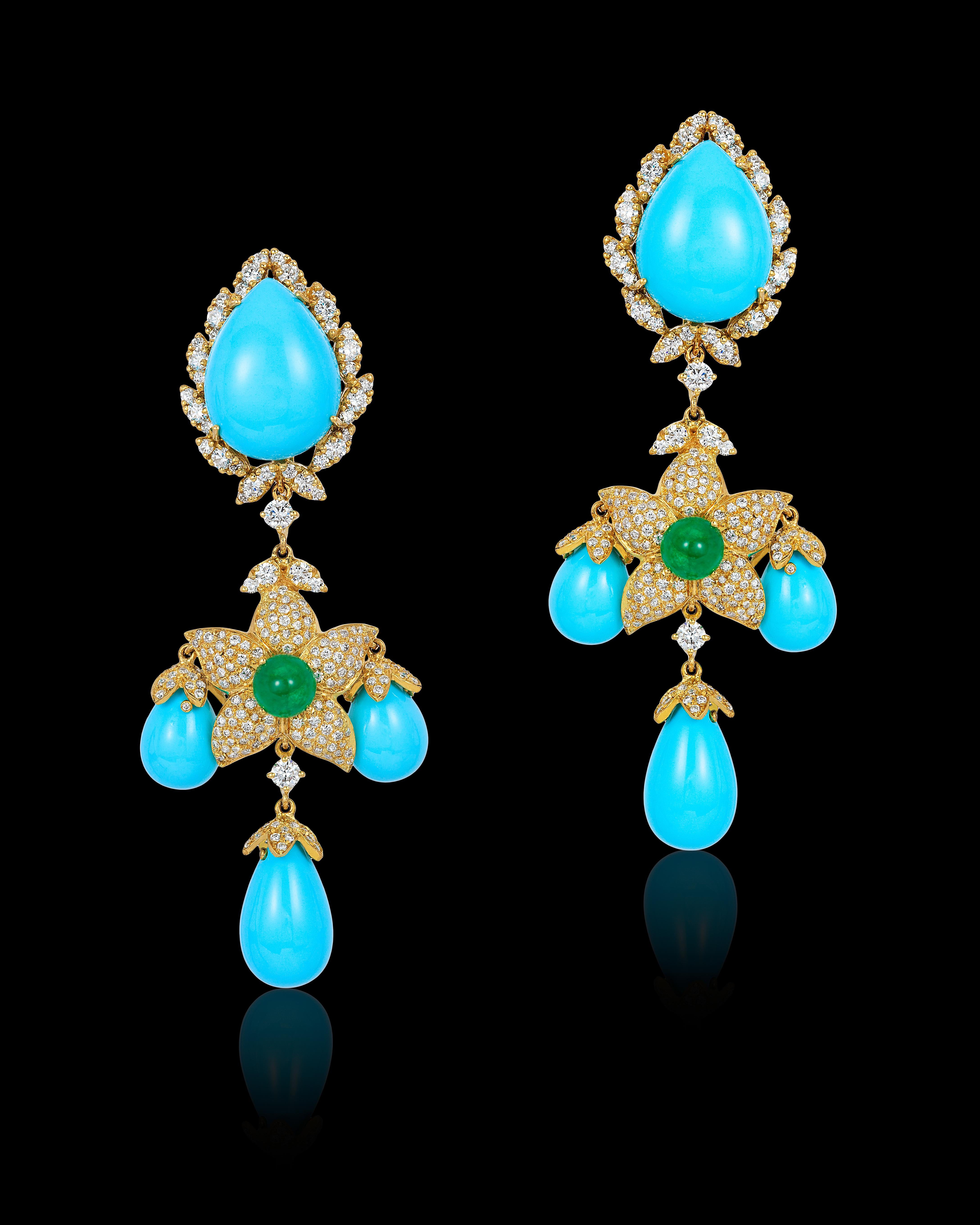 Cabochon Andreoli Italian Turquoise Diamond Emerald Earrings 18 Karat Yellow Gold