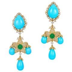 Andreoli Italian Turquoise Diamond Emerald Earrings 18 Karat Yellow Gold