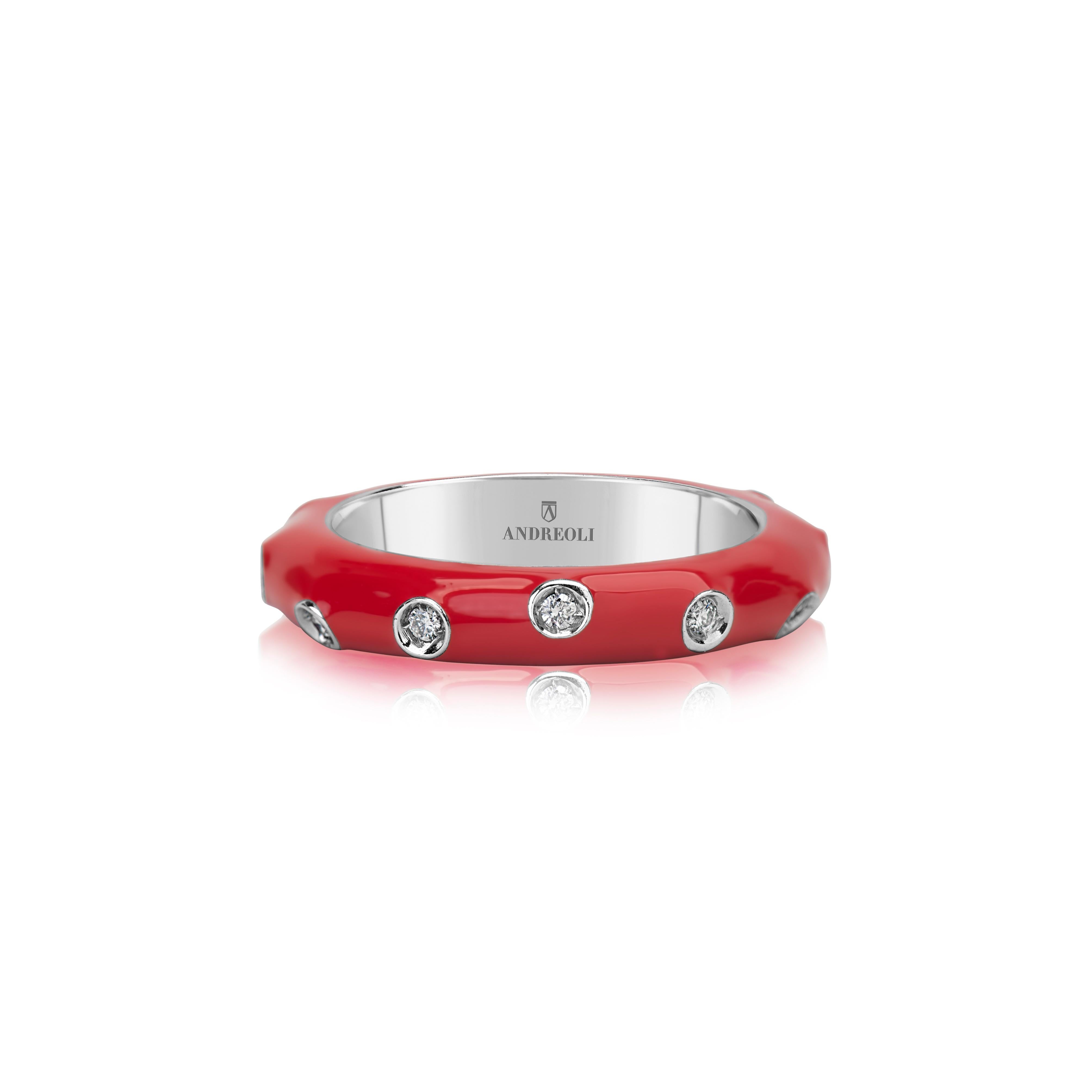 Andreoli Red Enamel Diamond Band Ring 18k White Gold

this Andreoli ring features:
- 0.17 carat diamond
- 9.10 gram 18 karat white gold
- red enamel
- made in Italy
- Ring Size 7.00