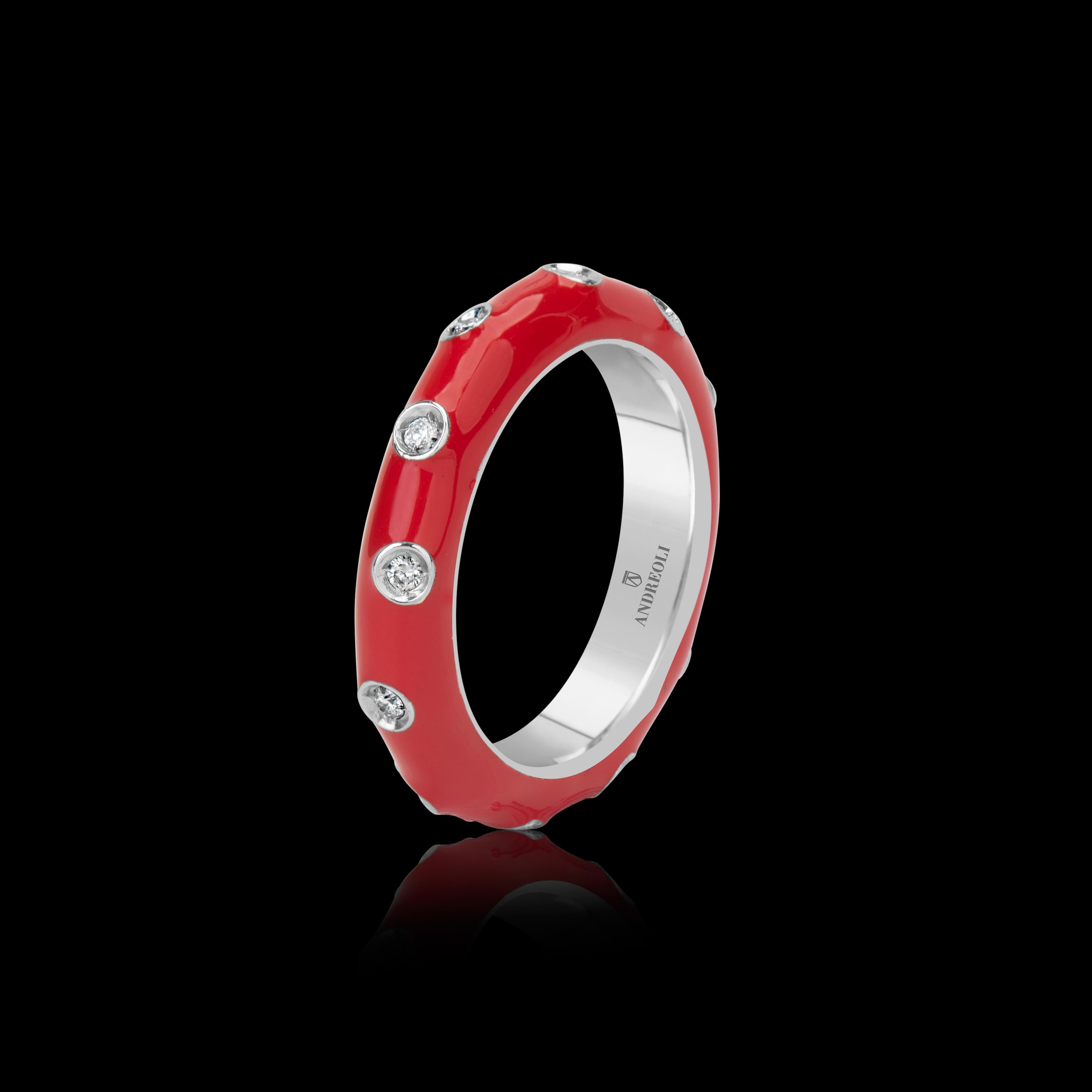 Round Cut Andreoli Red Enamel Diamond Band Ring 18 Karat White Gold