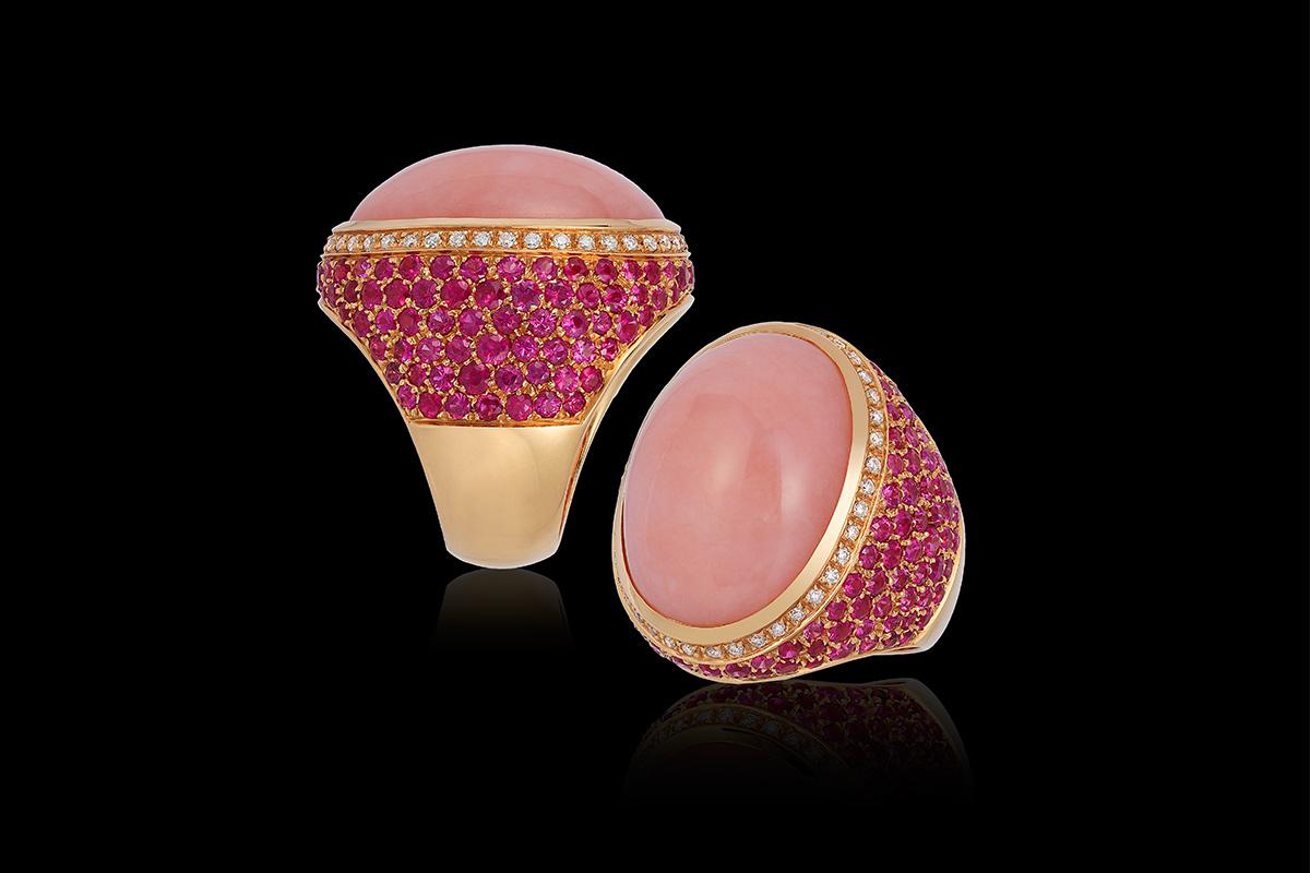 Round Cut Andreoli Rose Opal Pink Sapphire Diamond Dome Cocktail Ring 18 Karat Rose Gold For Sale