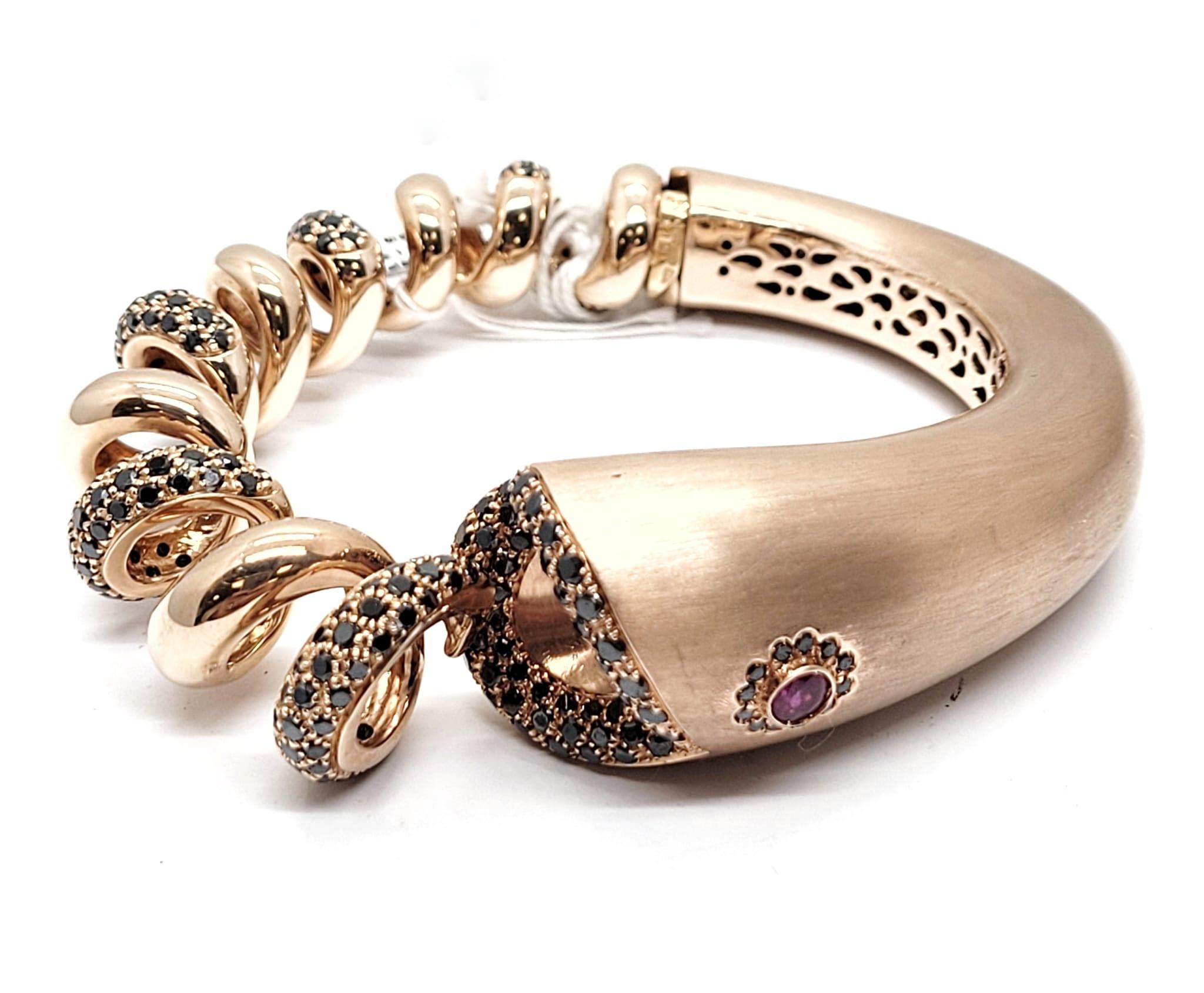 Contemporary Andreoli Ruby Black Diamond 18 Karat Rose Gold Snake Bracelet For Sale