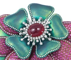Andreoli Ruby Cabochon Pink Sapphire Diamond Titanium Flower Brooch Pin