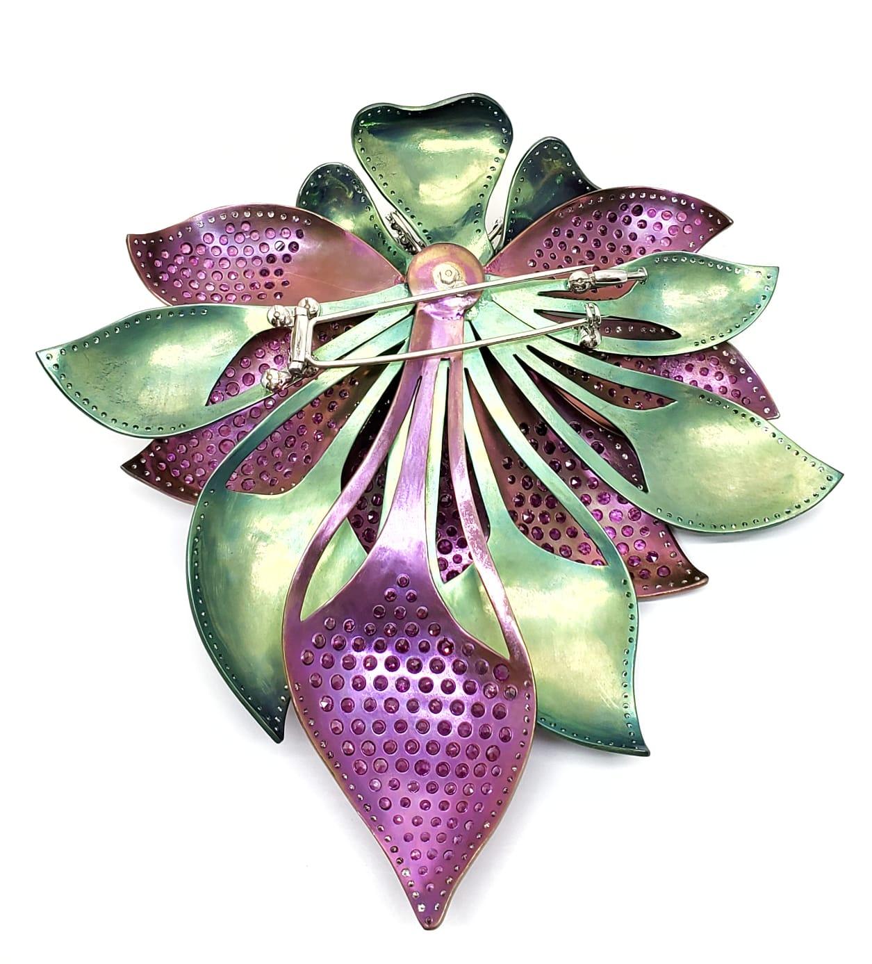 Contemporary Andreoli Ruby Cabochon Pink Sapphire Diamond Titanium Flower Brooch Pin For Sale