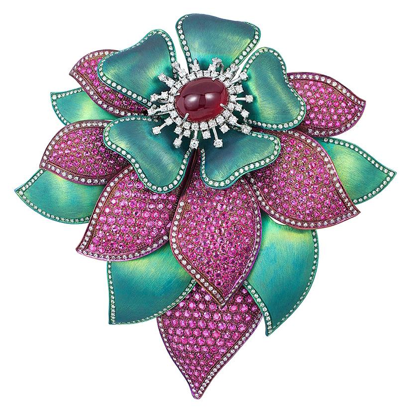 Andreoli Ruby Cabochon Pink Sapphire Diamond Titanium Flower Brooch Pin