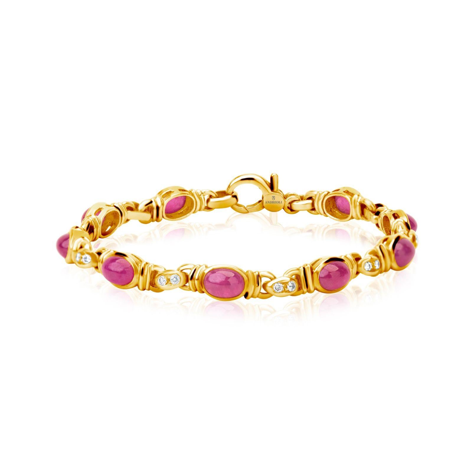 Andreoli Bracelet en or jaune 18 carats avec rubis et diamants

Ce bracelet présente les caractéristiques suivantes
- Rubis de 6,90 carats
- Diamant de 0,30 carat
- 20.76 Grammes Or Jaune 18K
- Fabriqué en Italie