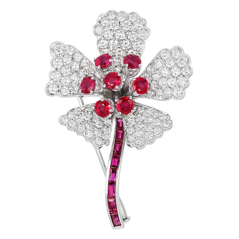 Andreoli Ruby Diamond Flower Brooch Pin 18 Karat White Gold For Sale