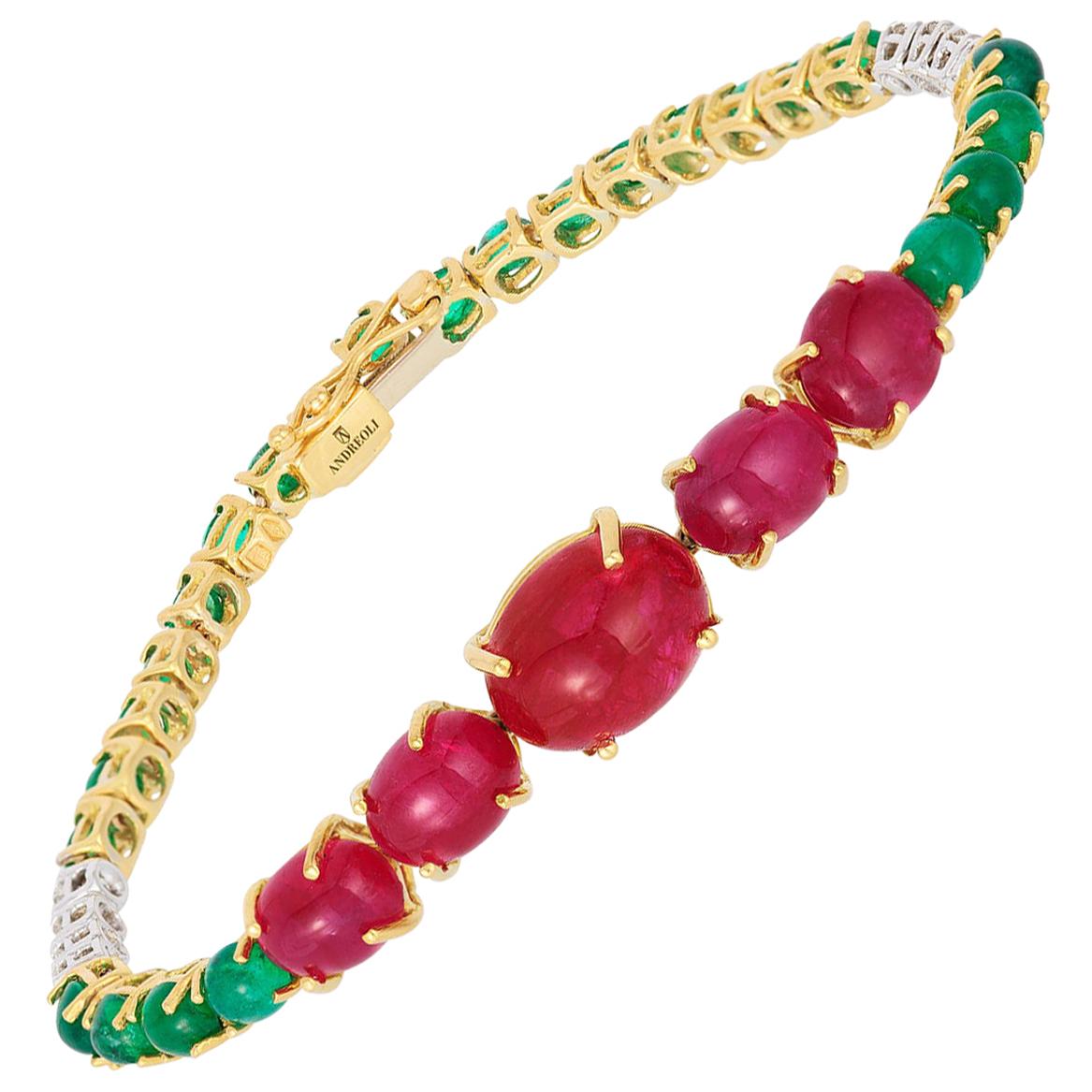 Andreoli Ruby Emerald Cabochon Dome Diamond Tennis Bracelet 18 Karat Yellow Gold For Sale