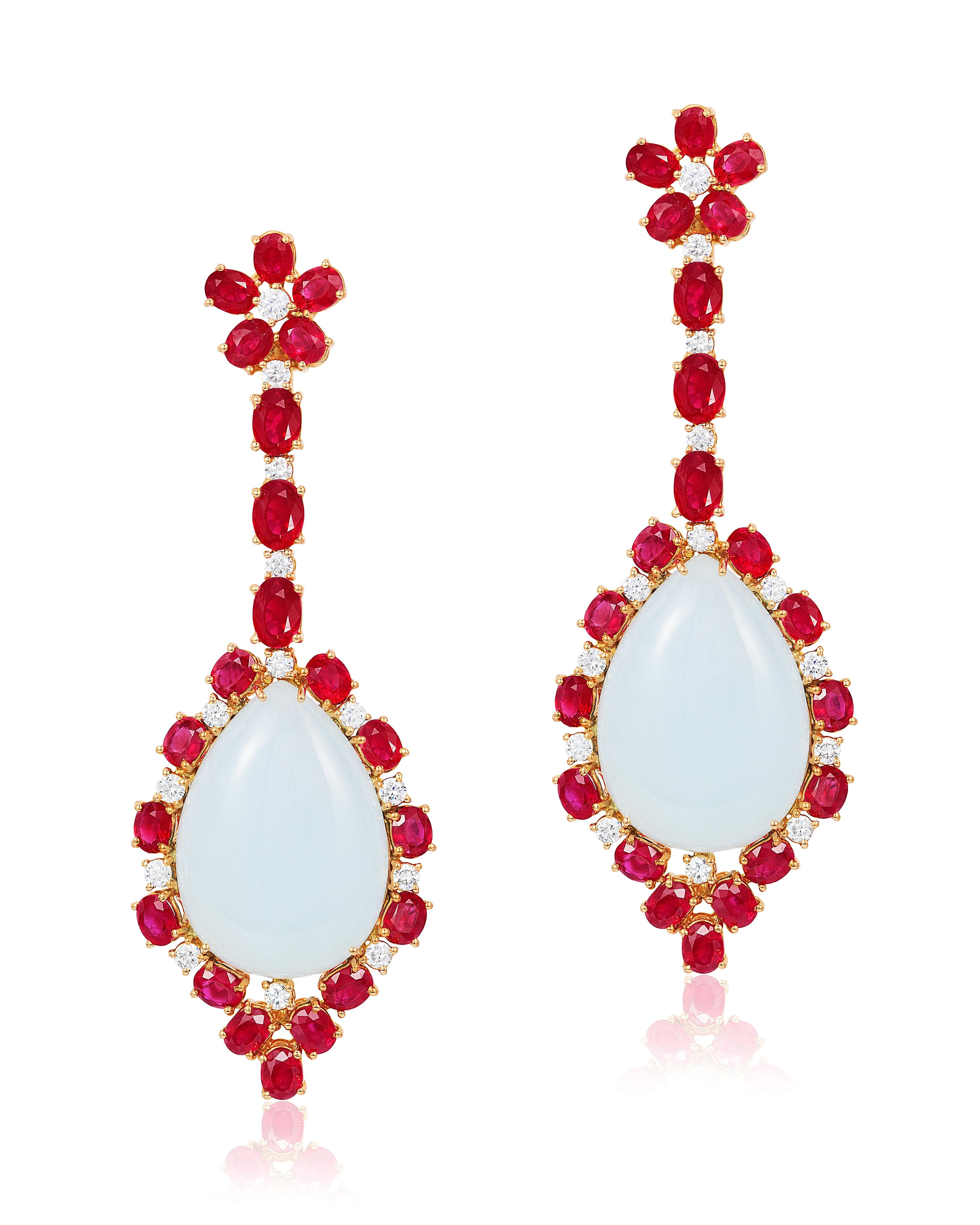 Andreoli Ruby Jade Drop Earrings 18 Karat Rose Gold. these earrings feature 42 oval cut ruby weighing 13.16 carats. Two Jade center stones weighing 39.00 carats. 28 Brilliant cut diamonds, F-G-H Color, VS-SI Clarity. = Set in 20.20 grams of 18 Karat