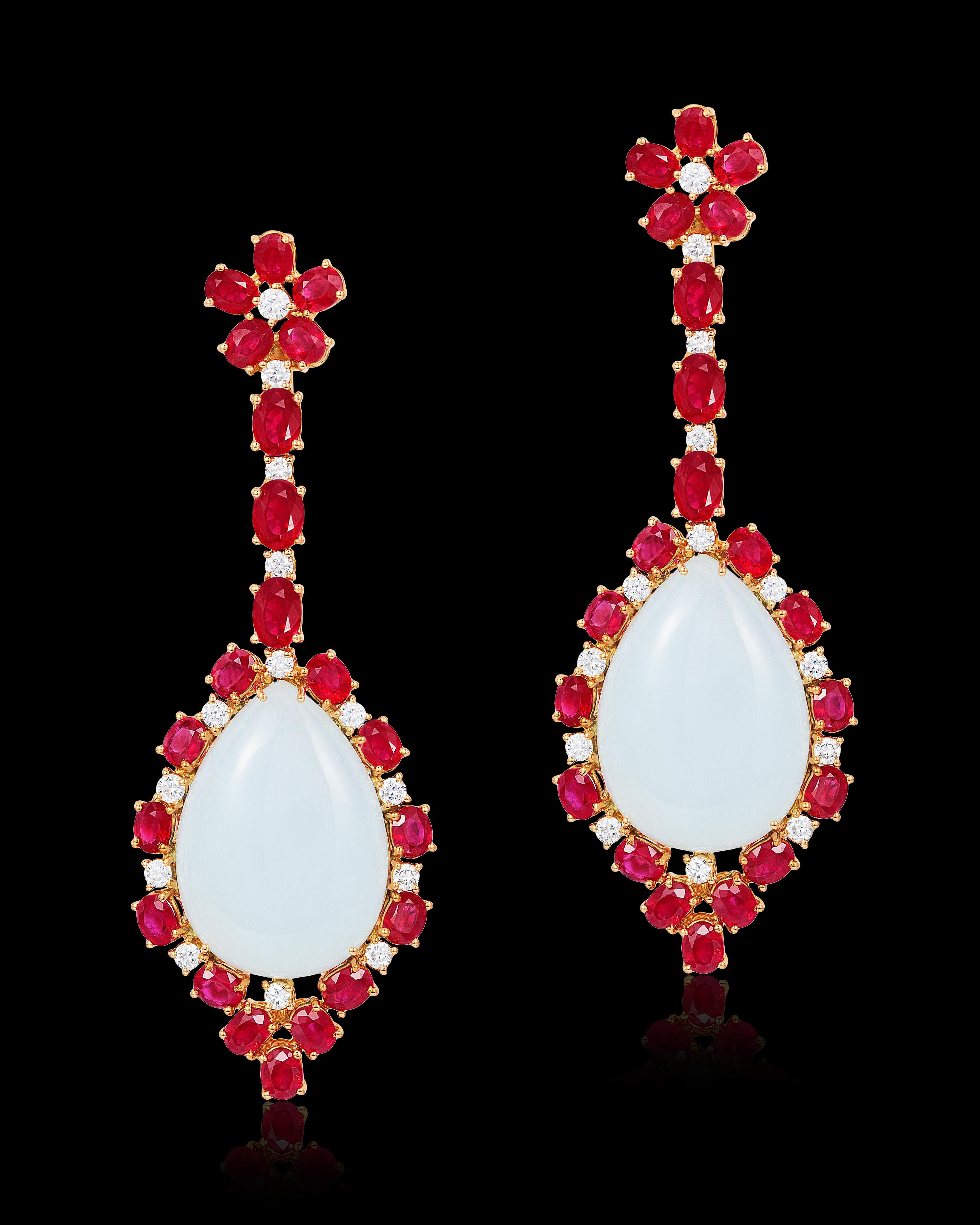 Contemporary Andreoli Ruby Jade Drop Dangle Earrings 18 Karat Rose Gold For Sale