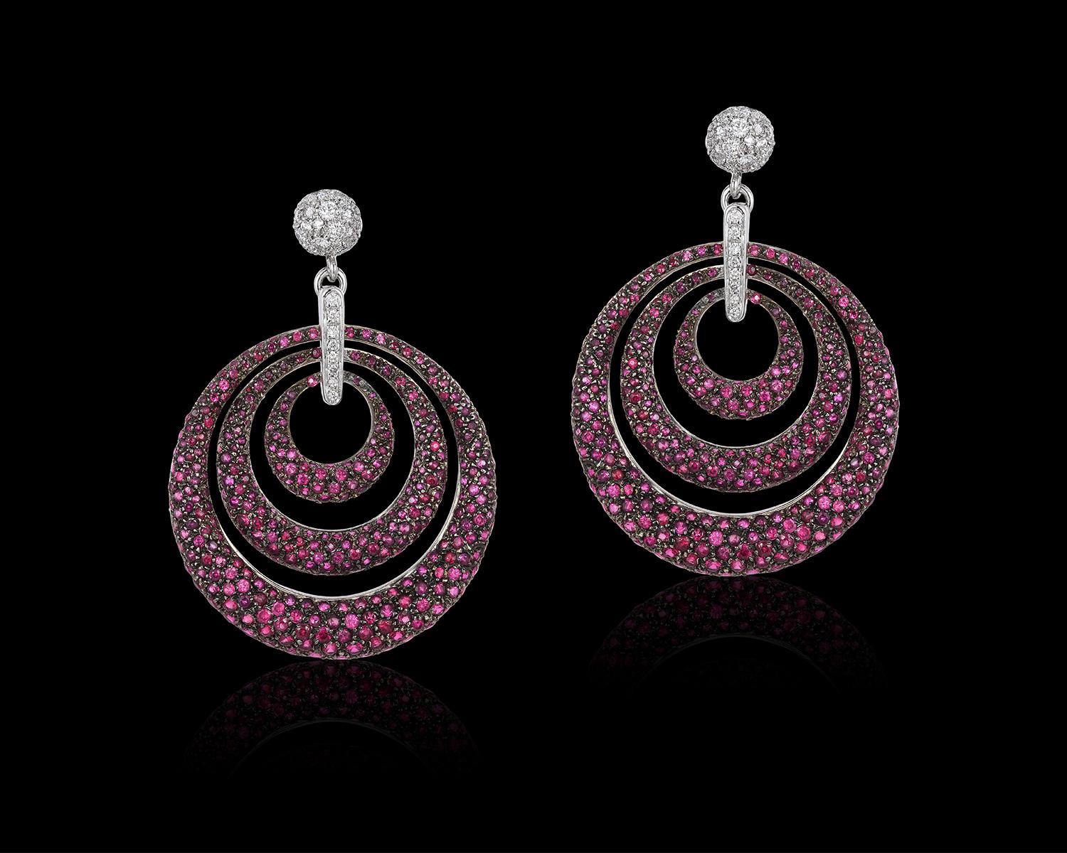 Contemporary Andreoli Ruby Pave Diamond 18 Karat White Gold Blackened Rhodium Hoop Earrings For Sale