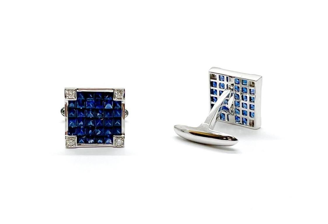 Andreoli Sapphire Diamond 18 Karat White Gold Invisible-Setting Cufflinks

These cufflinks feature:
- 0.28 Carat Diamond
- 5.85 Carat Blue Sapphire
- 12.74 Gram 18K White Gold
- Made In Italy
