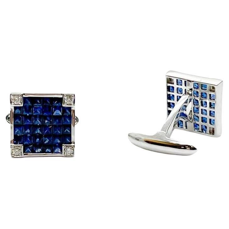 Andreoli Sapphire Diamond 18 Karat White Gold Invisible-Setting Cufflinks For Sale